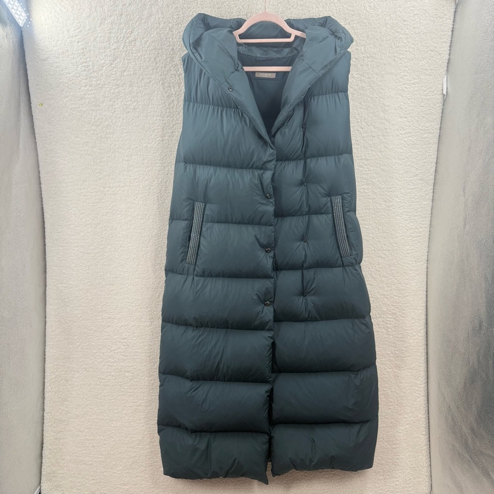 Peserico Long Hooded Puffer Vest Goose Down Feather Quilted Jeweled Trim Italy - Picture 3 of 16